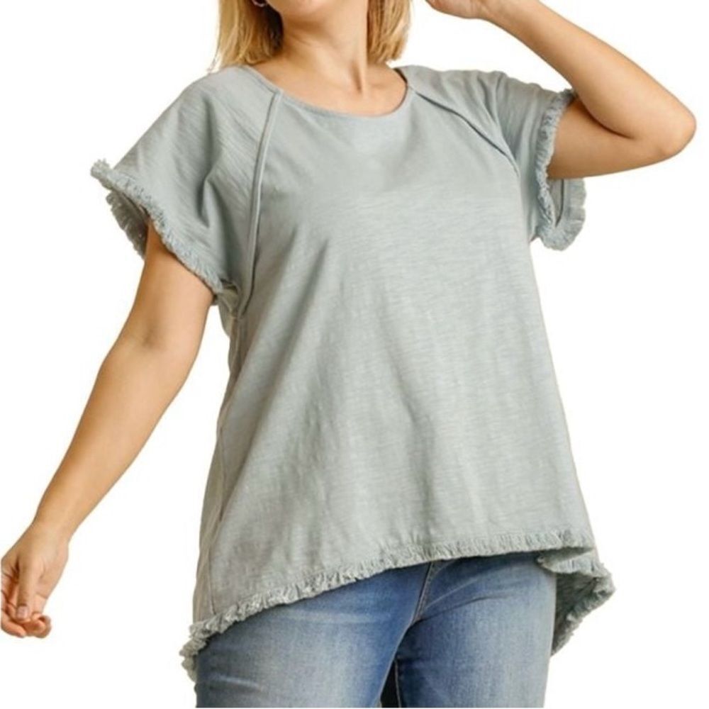 Umgee USA Frayed Detail Green Relaxed Fit Short Sleeve Cotton Tunic Top. Small.